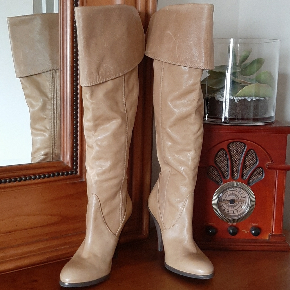 Cream/Beige Color Knee High Leather Boots.
